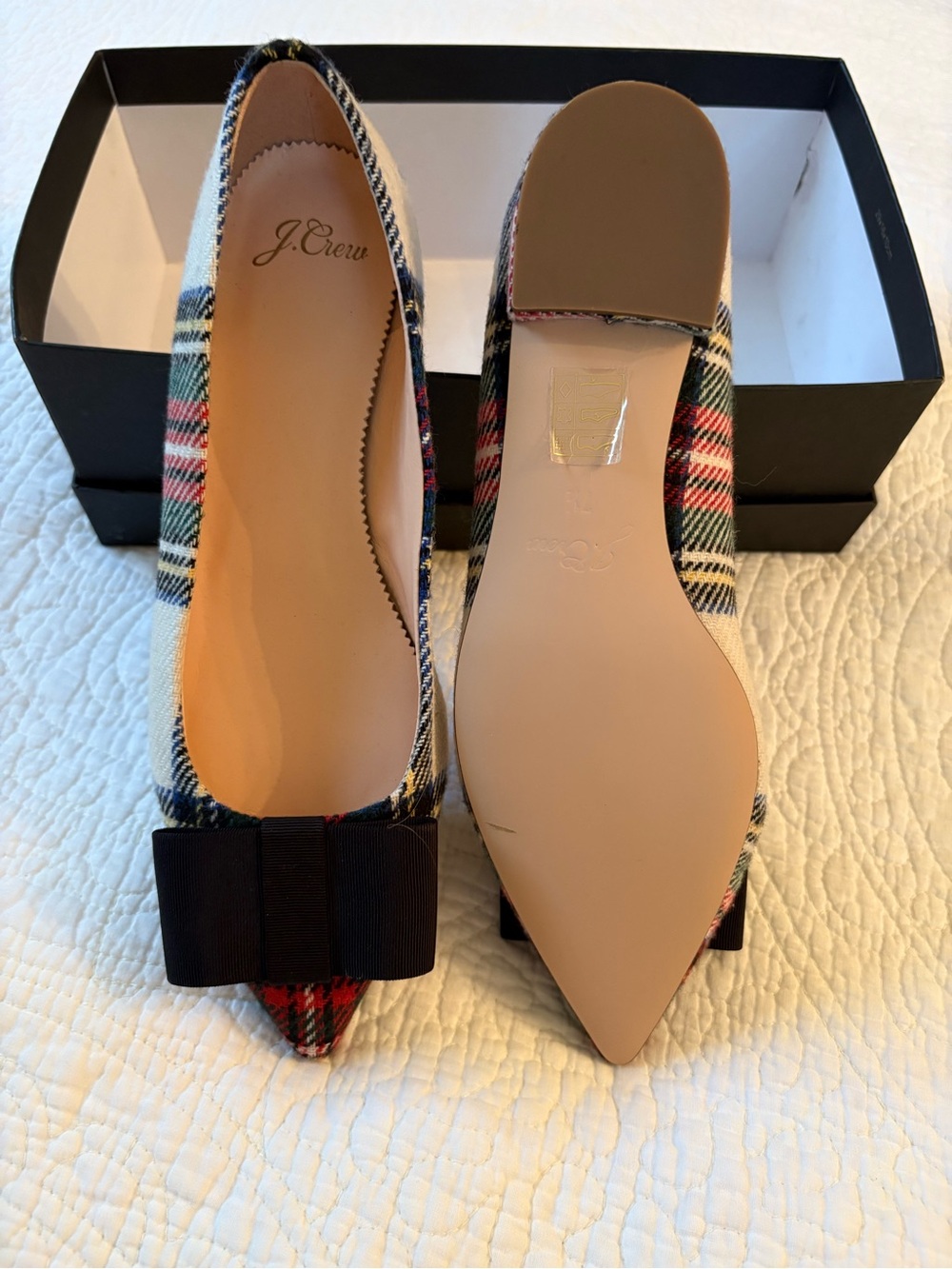 J. Crew Plaid Pointed-Toe Bow Flats in Red, Green & Black